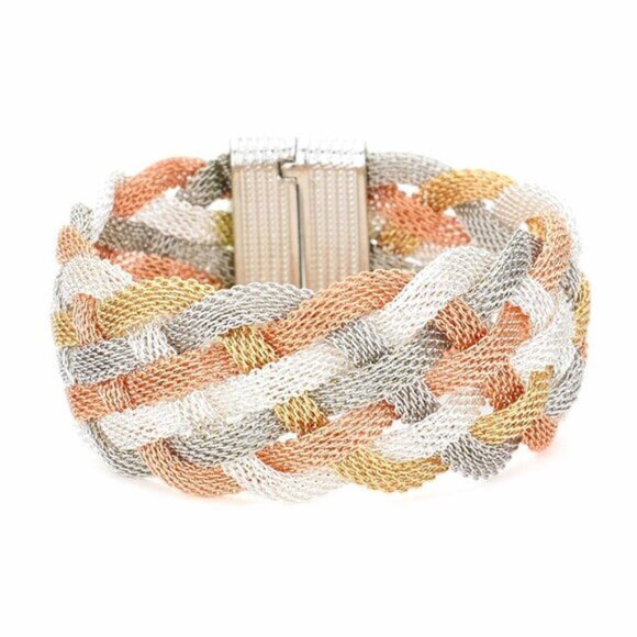Tigerstars Stunning Silver Rose Gold Braided Metal Mesh Cuff Bracelet - Picture 1 of 1